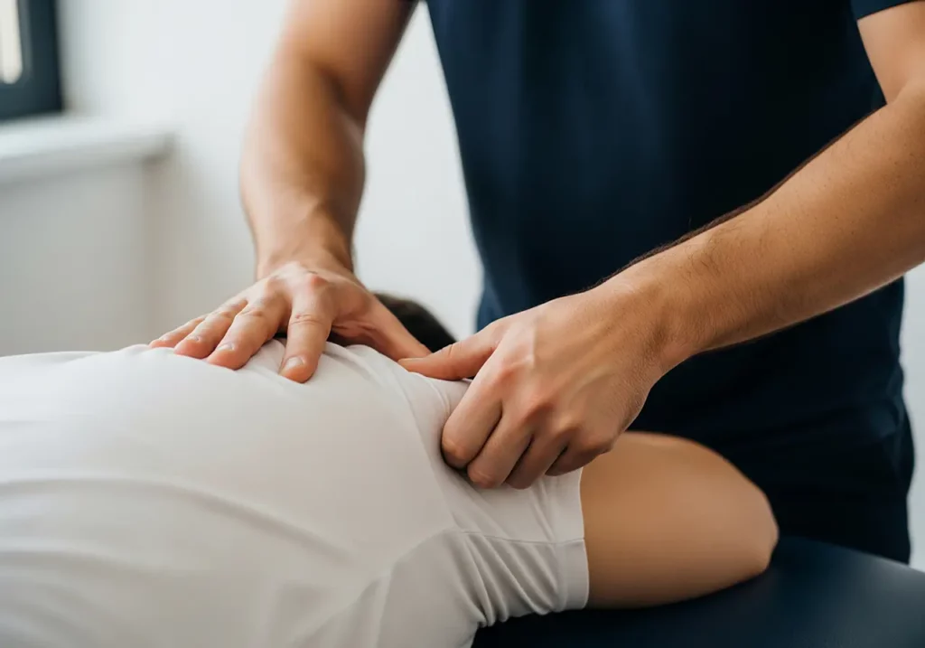 Osoba w białej koszuli leży twarzą w dół, podczas gdy inna osoba masuje jej ramię obiema rękami, sugerując sesję masażu terapeutycznego lub relaksacyjnego.