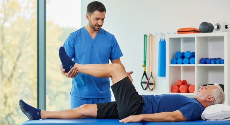 Fizjoterapeuta w niebieskim fartuchu pomaga starszemu mężczyźnie leżącemu na stole, delikatnie podnosząc i zginając jego nogę podczas ćwiczeń rehabilitacyjnych kinezyterapii w jasnej, nowoczesnej klinice ze sprzętem fitness w tle.