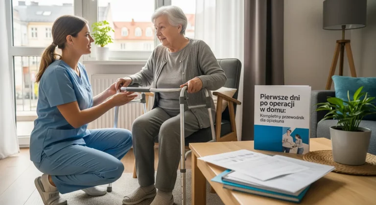 Pielęgniarka klęczy obok starszej kobiety korzystającej z chodzika w jasnym salonie. Na stole leży broszura zatytułowana Pierwsze dni po operacji w domu: przewodnik dla opiekuna, oferująca wskazówki dotyczące skutecznej opieki po operacji.
