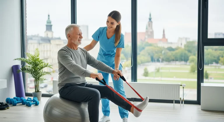 Starszy mężczyzna siedzi na piłce do ćwiczeń z taśmą oporową, podczas gdy fizjoterapeutka w fartuchu, oferująca rehabilitację domową wspieraną przez NFZ, uśmiecha się i pomaga mu w jasnym pokoju z dużymi oknami z widokiem na Rzeszów.