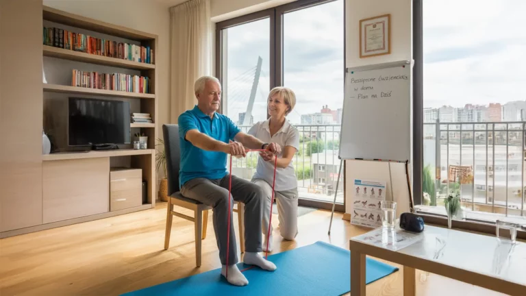 Starszy mężczyzna siedzi na krześle, używając taśm oporowych do ćwiczeń w domu, w asyście kobiety klęczącej obok niego w jasnym pokoju z dużymi oknami, półkami z książkami i tablicą wyświetlającą instrukcje bezpiecznego ćwiczenia.