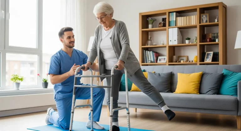 Pielęgniarka w niebieskim fartuchu klęczy obok starszej kobiety korzystającej z chodzika, pomagając jej w ćwiczeniach nóg w ramach rehabilitacji po złamaniu biodra w jasnym salonie z szarą sofą i kolorowymi poduszkami w tle.