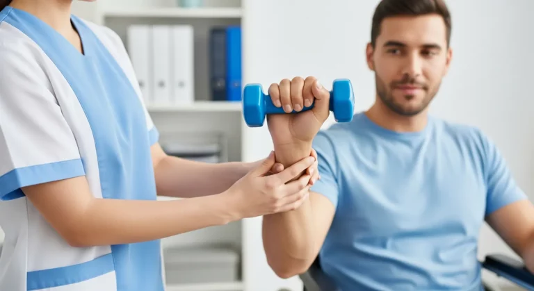 Pracownik służby zdrowia pomaga mężczyźnie w niebieskiej koszuli podnoszącemu hantle, prawdopodobnie podczas rehabilitacji domowej lub terapii, zapewniając cenny przewodnik dla rodzin wspierających bliskich w powrocie do zdrowia.