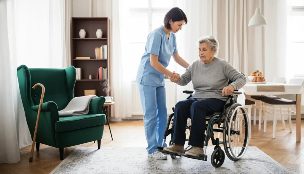 Pracownik służby zdrowia w niebieskim fartuchu stosuje techniki PNF, aby pomóc starszej osobie na wózku inwalidzkim wstać w jasnym, przytulnym salonie z drewnianą podłogą, zielonym fotelem i stołem w tle.