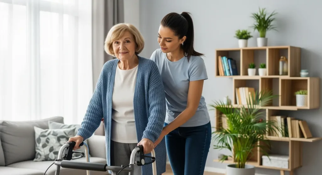 Młoda kobieta wspiera starszą kobietę korzystającą z chodzika w jasnym salonie, prowadząc ją przez rehabilitację neurologiczną. Starsza kobieta ma na sobie niebieski kardigan, a młodsza stoi obok niej, uśmiechając się. Książki i rośliny stoją na półkach w tle.