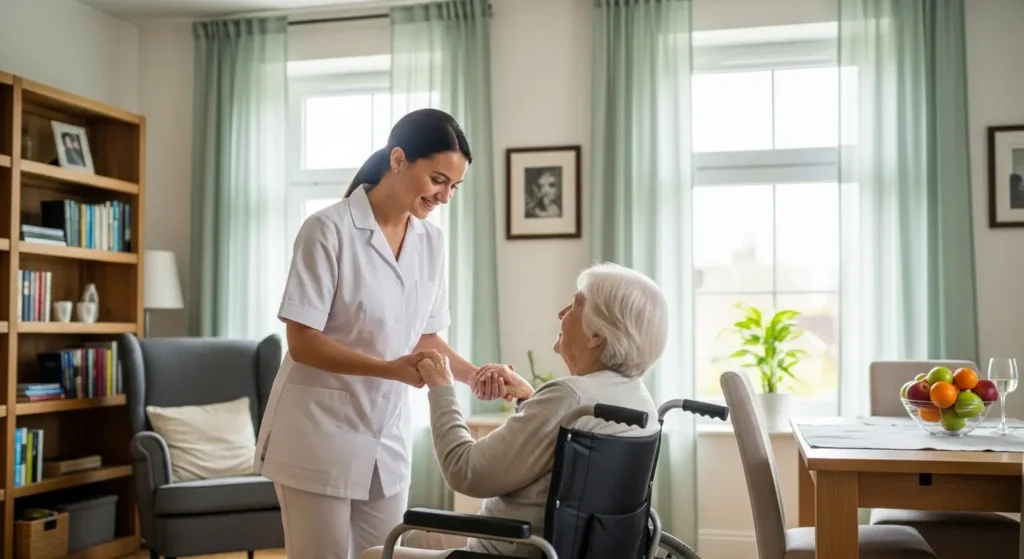 Opiekunka w białym uniformie uśmiecha się, trzymając za rękę starszą kobietę na wózku inwalidzkim, wspierając jej rehabilitację neurologiczną w jasnym, przytulnym salonie z półkami na książki i dużymi oknami.