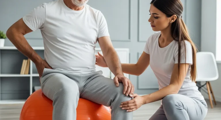 Młoda kobieta pełni rolę przewodnika, pomagając starszemu mężczyźnie siedzącemu na piłce do ćwiczeń. Mężczyzna trzyma dolną część pleców w dyskomforcie, podczas gdy ona podtrzymuje jego nogę, prowadząc go przez rehabilitację neurologiczną w jasnym, nowoczesnym pomieszczeniu.